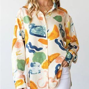 First Love Abstract Print Button Down Collared Blouse